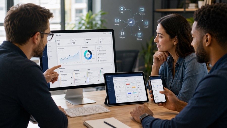 People reviewing a web application across desktop, tablet, and mobile screens