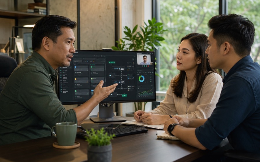 Three people discussing a software workflow displayed on a monitor
