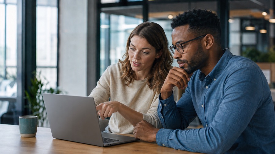Two people reviewing work together on a laptop